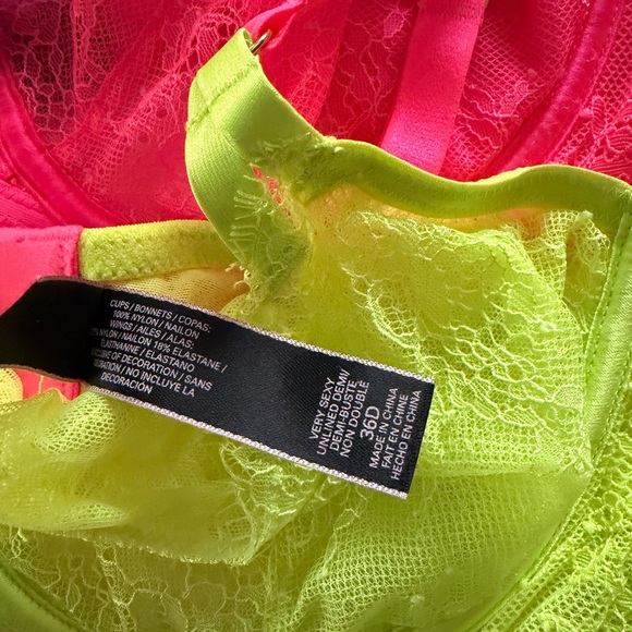 Preowned Victoria’s Secret Lace Underwire Unlined Bra Set Neon Pink Lime Sz 36D - Picture 6 of 6